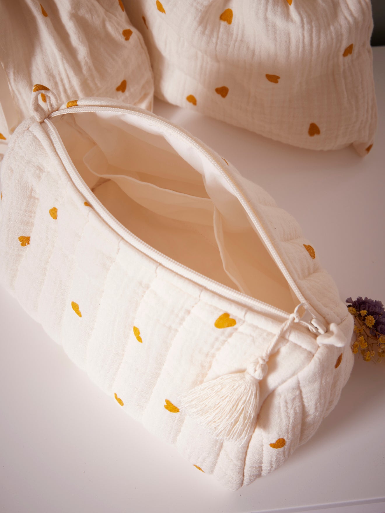 Trousse de toilette et pochons gaze de coton