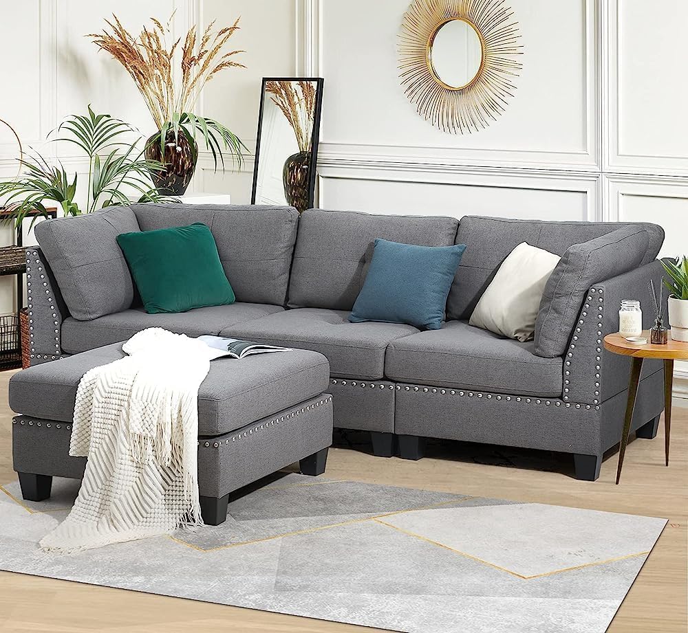 YODOLLA Ecksofa mit Schlaffunktion, L-Form Sofa Couch mit Bettkasten freistehend, 3-Sitzer Eckcouch, Schlafsofa für Wohnzimmer, Grau (Hocker Flexible beweglichkeit)