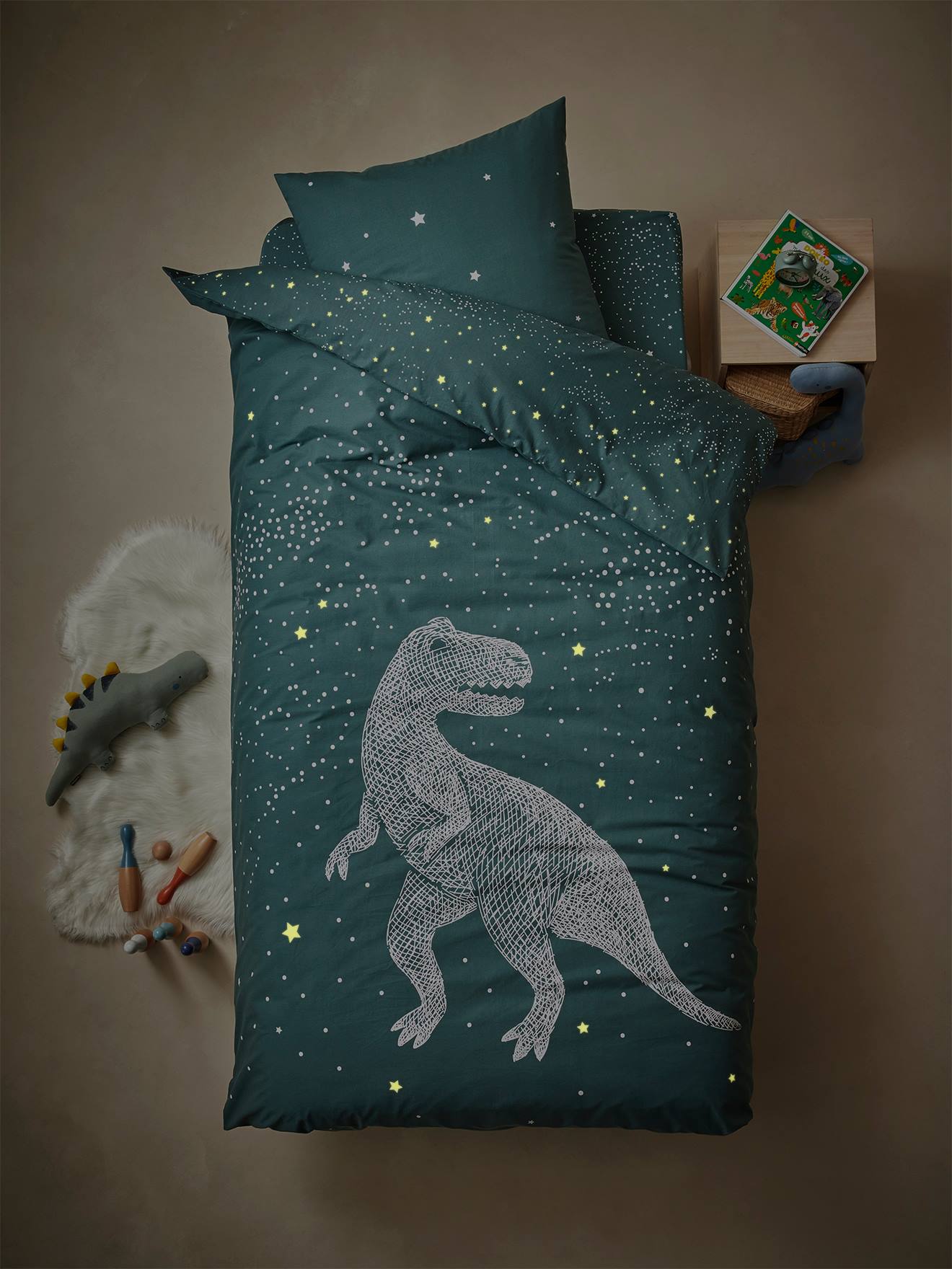 Conjunto de capa de edredom e fronha com detalhes fluorescentes, estampa lisa verde-escura Star T-Rex.