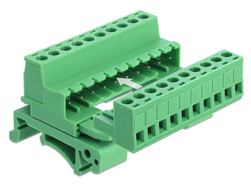 Delock Terminalblock 10 Pin, 5.08 mm Rastermass gewinkelt Delock Terminalblock Set für Hutschienen 10 Pin mit Rastermass 5.08 mm gewinkelt