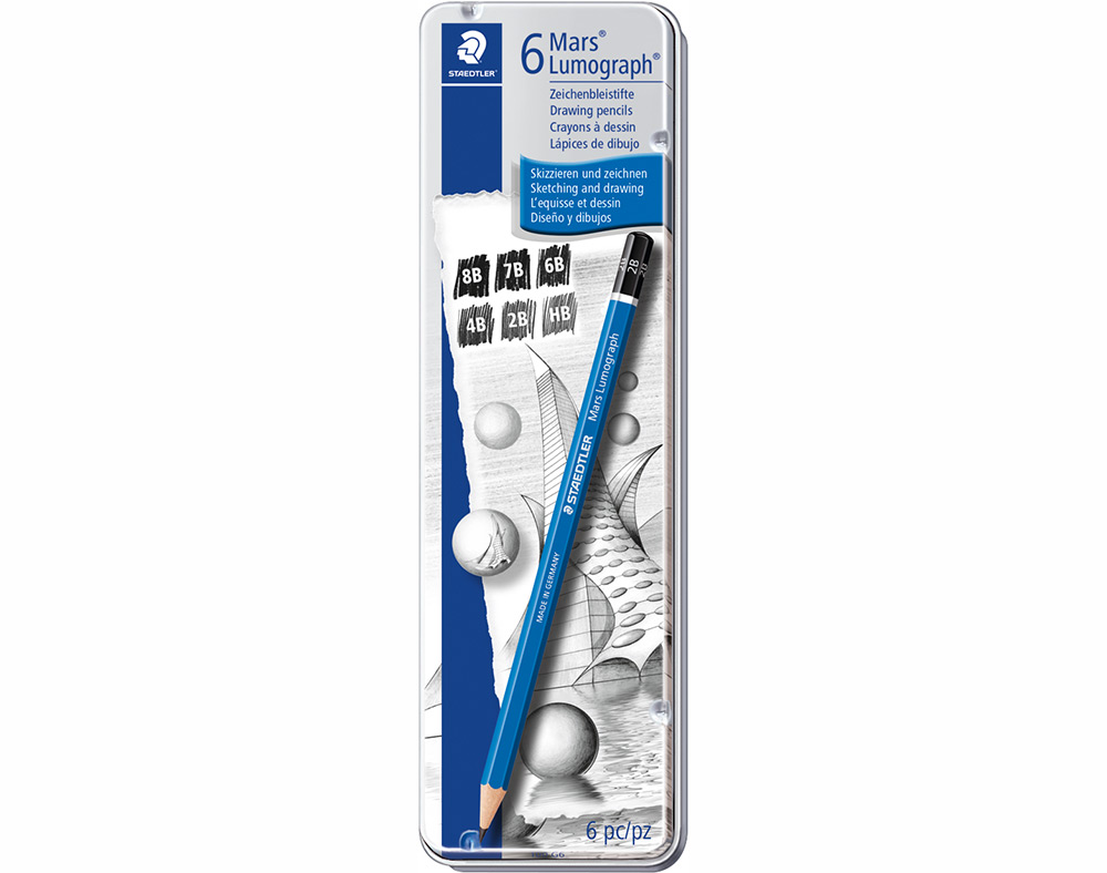 LÁPIS GRAFITE MARS STAEDTLER LUMOGRAPH CAIXA EM METAL COM 6 UNIDADES