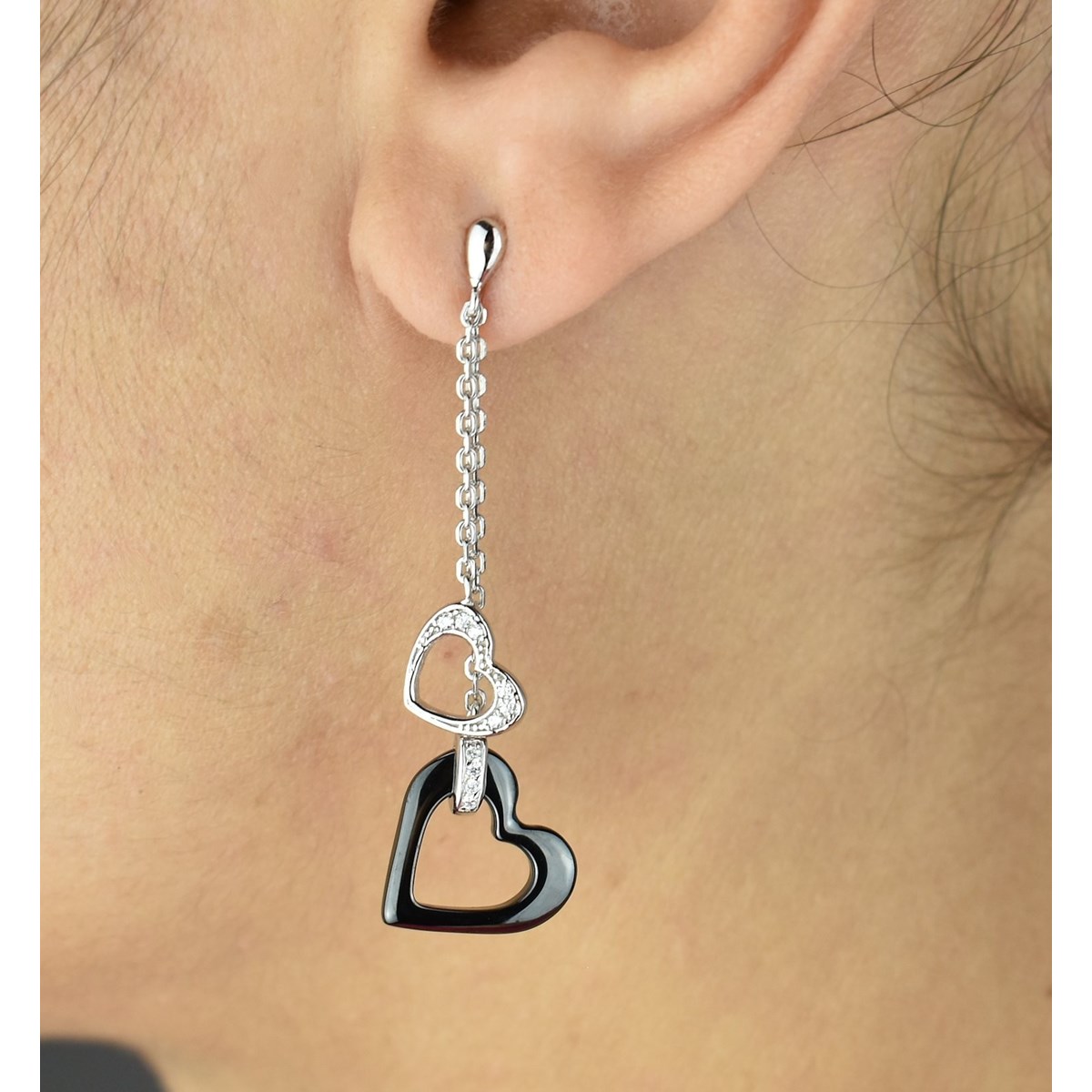 Parure coeurs oxyde de zirconium et céramique noire Argent 925 Rhodié