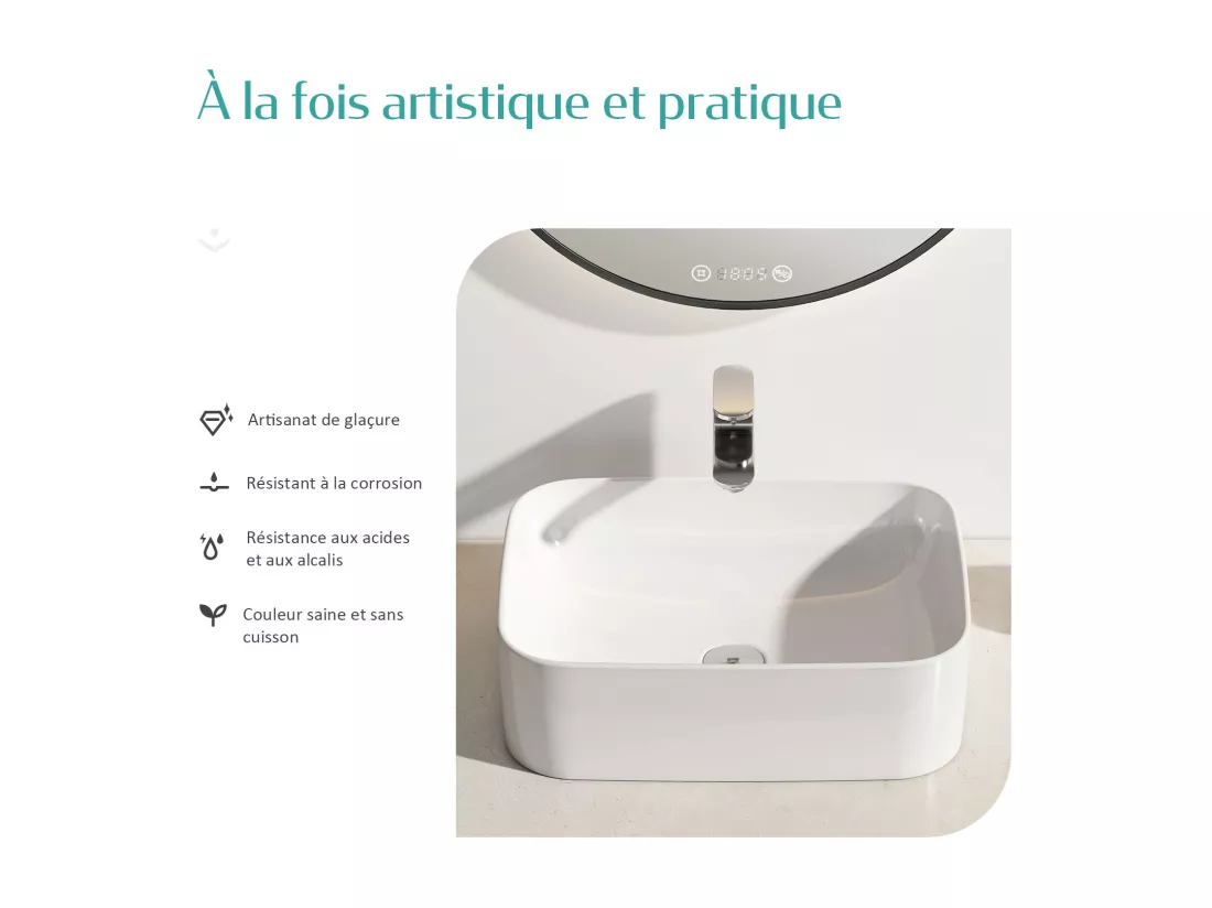 EMKE Vasque à Poser 610 x 380 x 150 mm, Lavabo Rectangulaire en Céramique pour Salle de Bain, Design Angles Arrondis R, Blanc Mat