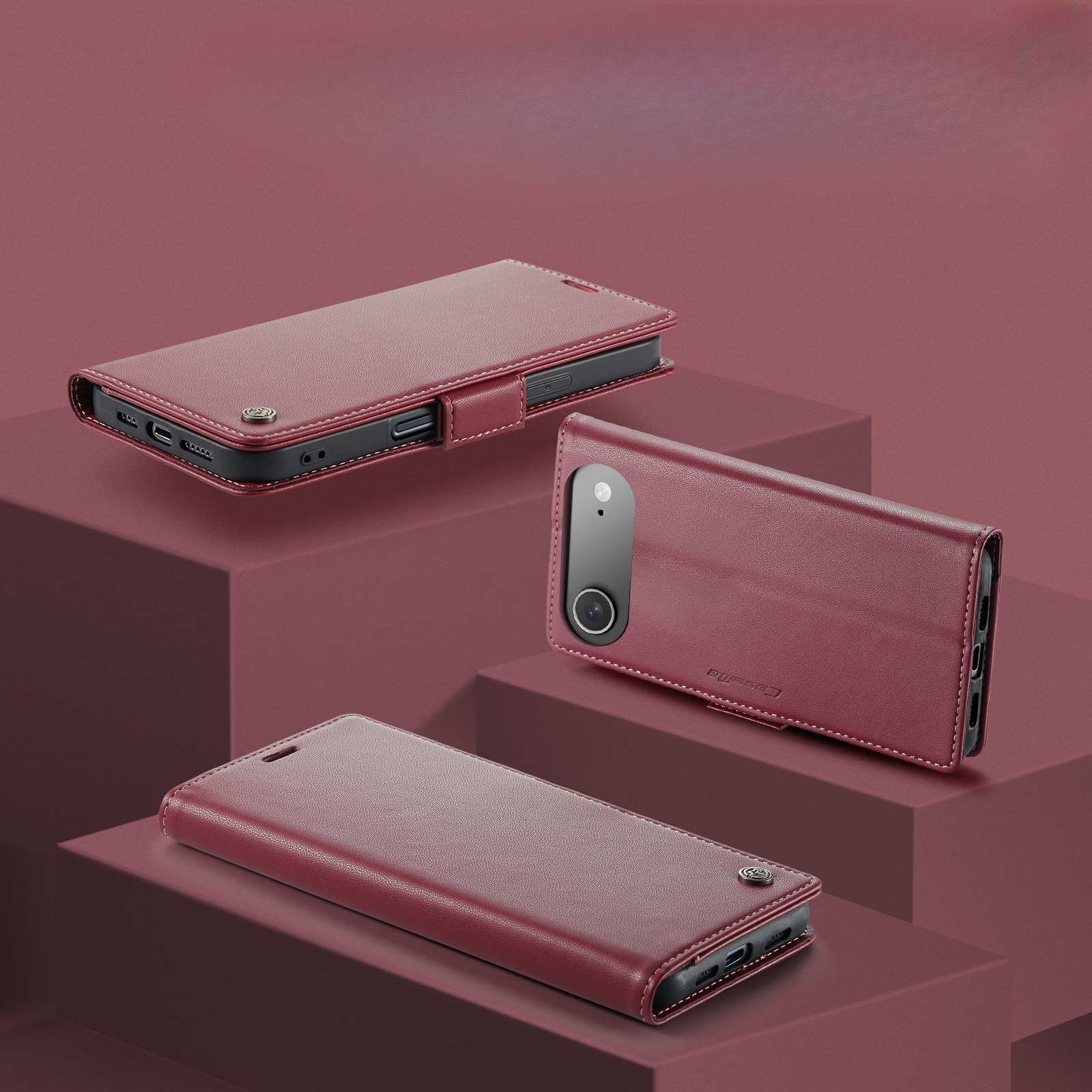 iPhone Air Leder Tasche Flip Wallet Etui mit Kartenfächern Litchi Look (RFID Schutz) - Rot