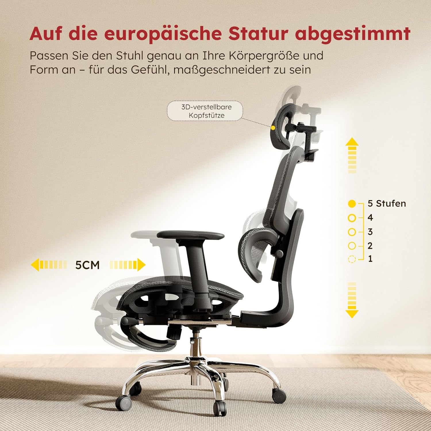 Ergonomischer Bürostuhl Voll-Mesh mit Abnehmbarem Kissen, Fußstütze, Höhenverstellbarem Rückenlehne, Kopfstütze & Armlehnen, Selbstanpassende Lendenstütze, PU-Rollen, 360° Drehbar, 150 kg , Schwarz KH8388908