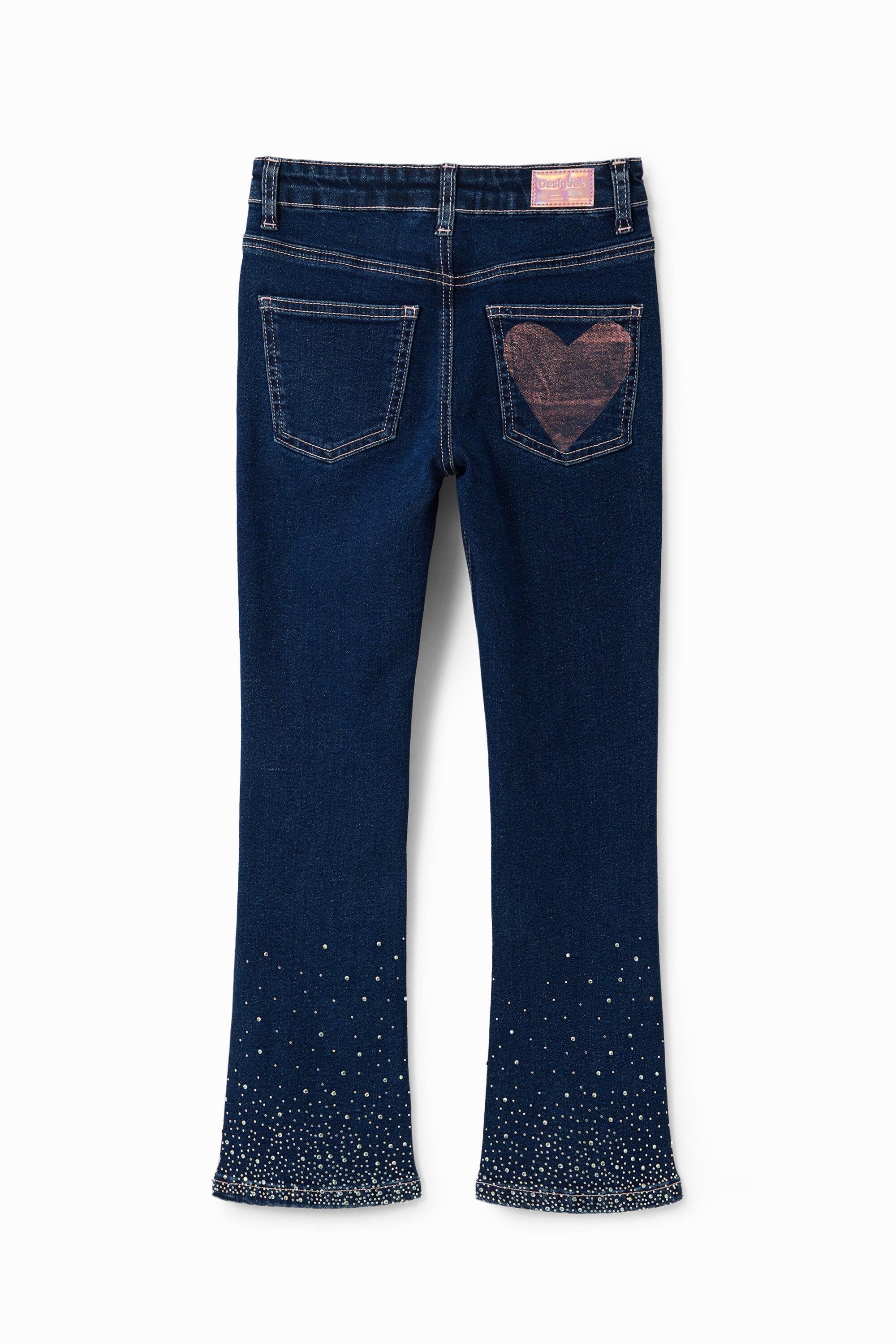 calça jeans flare com strass