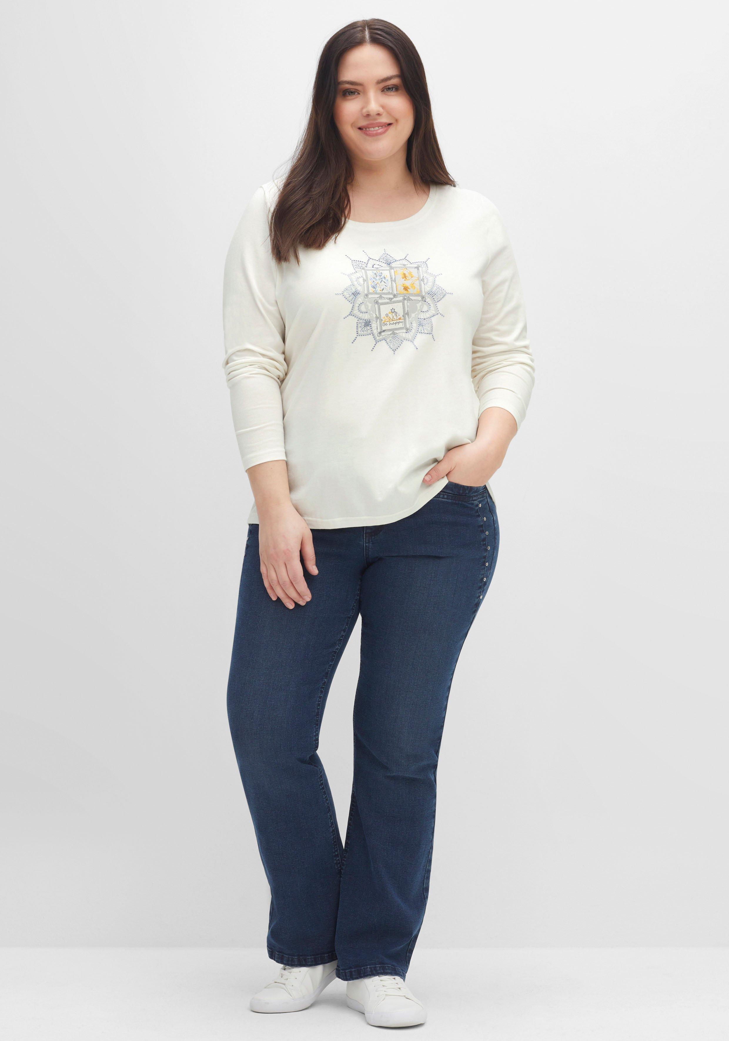 Langarmshirt mit Frontprint und Glitzersteinen