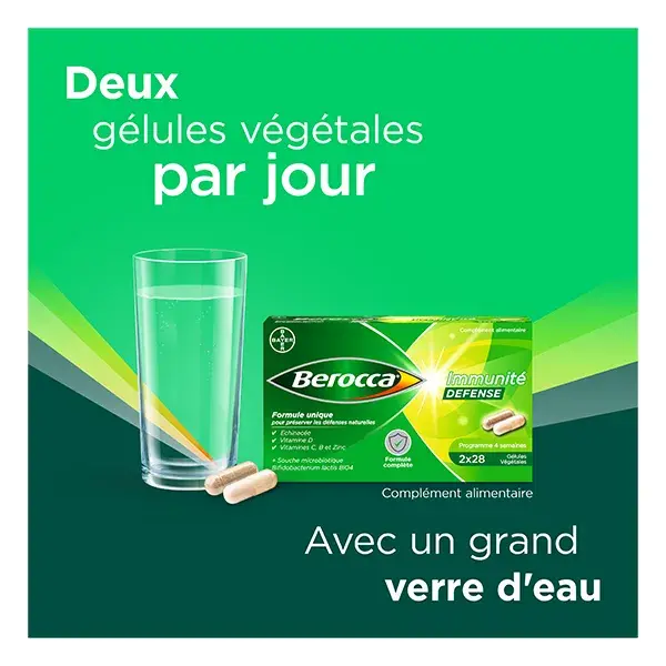 Berocca Immunité Défense Vitamine D, C et B Zinc Lot de 2 x 28 gélules végétales