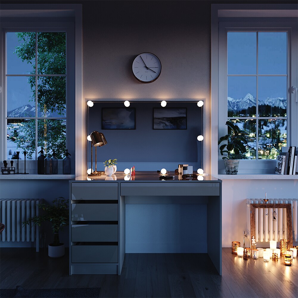 Vicco Schminktisch Sherry Greige Hochglanz 120 x 75 cm 5 Schubladen Spiegel LED