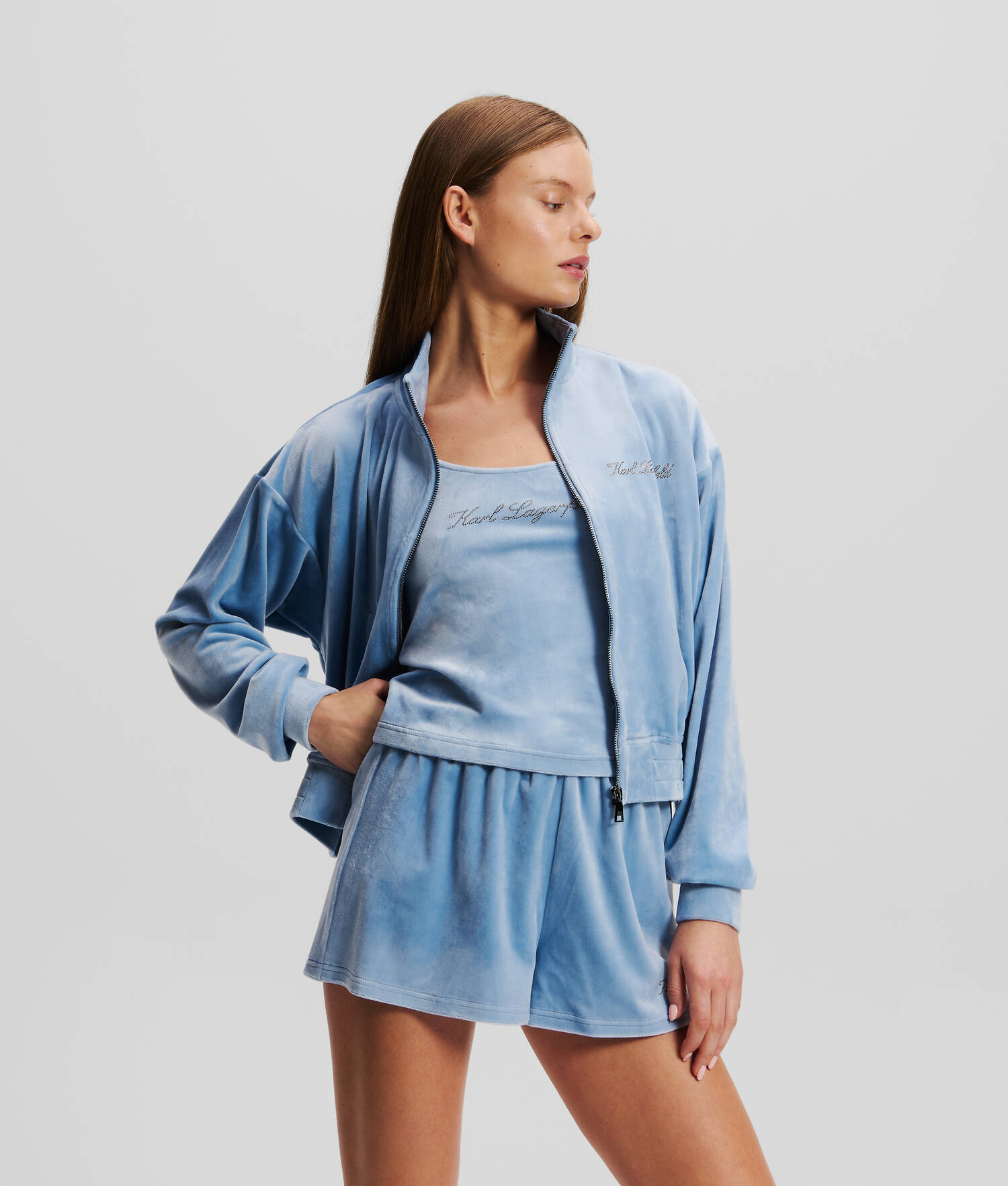 SWEAT-SHIRT ZIPPÉ EN VELOURS HOTEL KARL - Chambray doux