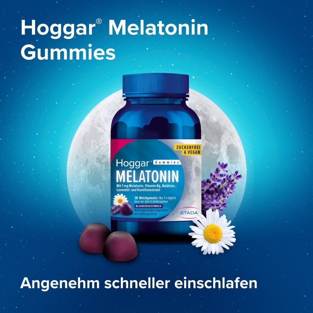 Hoggar® Melatonin Gummies: Angenehm schneller einschlafen. Weichgummis mit Blaubeergeschmack.1 mg Melatonin, Vitamin B6, Baldrian-, Lavendel- und Kamillenextrakt.