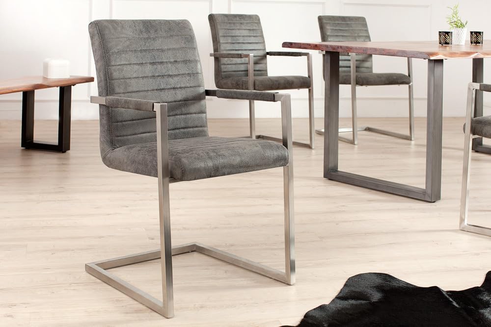 invicta INTERIOR riess-Ambiente Freischwinger Stuhl LOFT Vintage grau mit gepolsterten Armlehnen und Edelstahlgestell Esszimmer Stuhl Esstischstuhl Microfaserstuhl