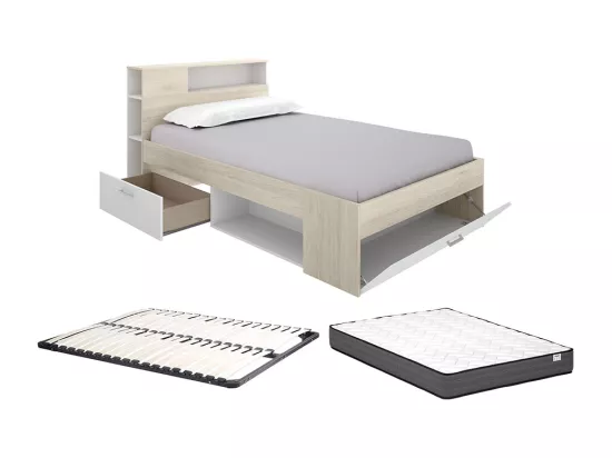 Lit avec tête de lit rangements et tiroir - 120 x 190 cm - Naturel et blanc + Sommier + Matelas - LEANDRE