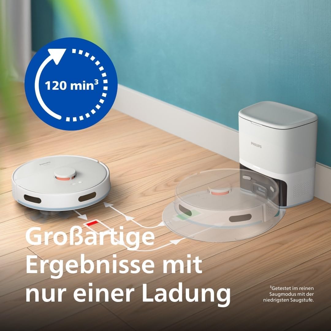 Philips Homerun Serie 2000 2. Gen: 2-in-1 Saug- und Wischroboter mit Absaugstation, 6.000pa Saugkraft, 130 Minuten Laufzeit, Lasernavigation, Teppichboost, App-gesteuert, Arktikweiß (XU2100/25)