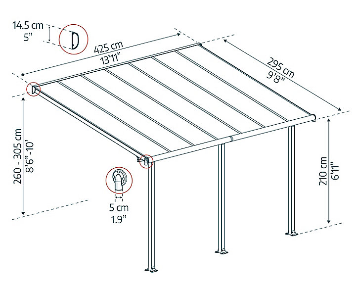 Pergola adossée Olympia 3 x 4,25m gris