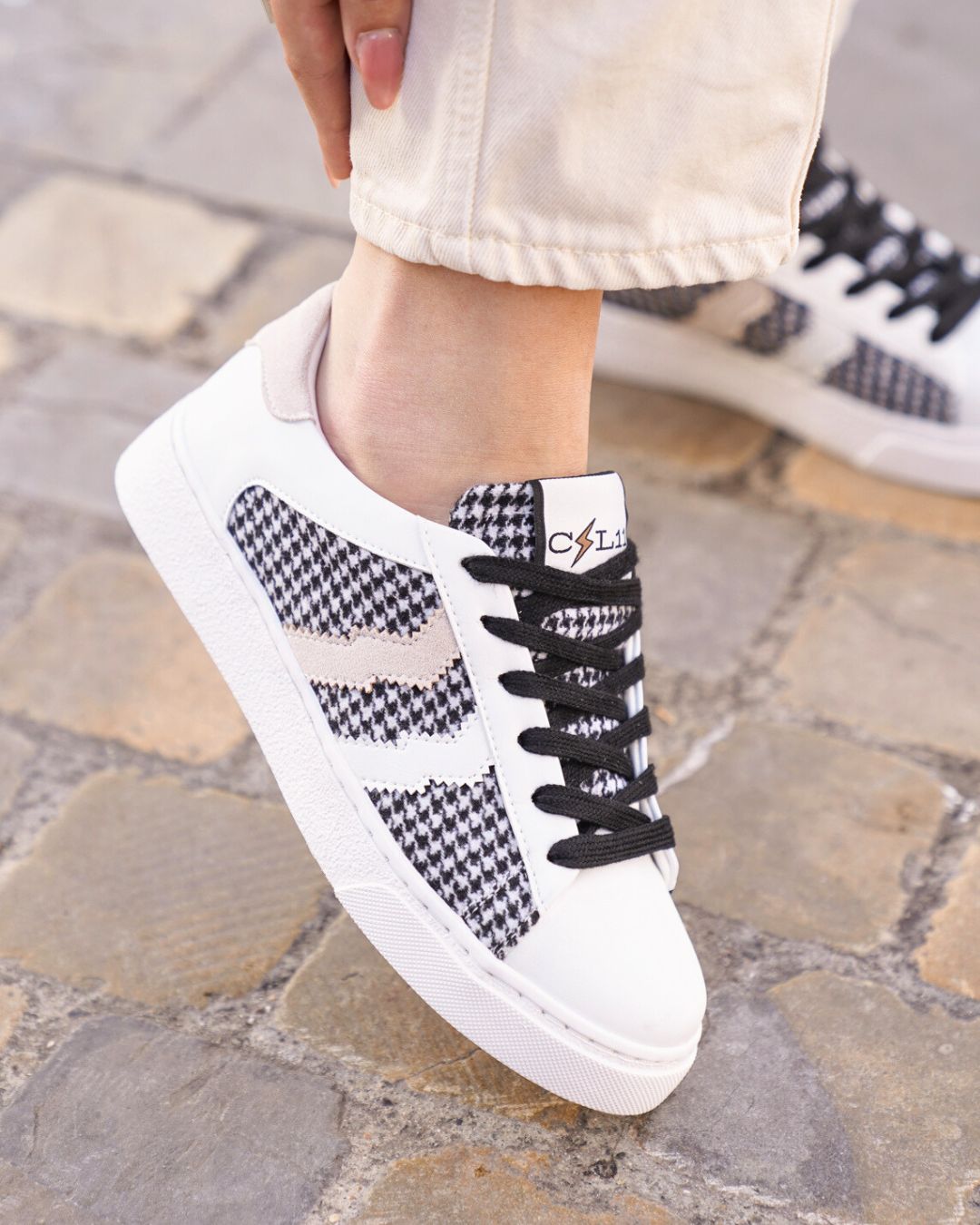 Sneakers blanche Tendance Urbaine en Houndstooth  - CL30 BEIGE
