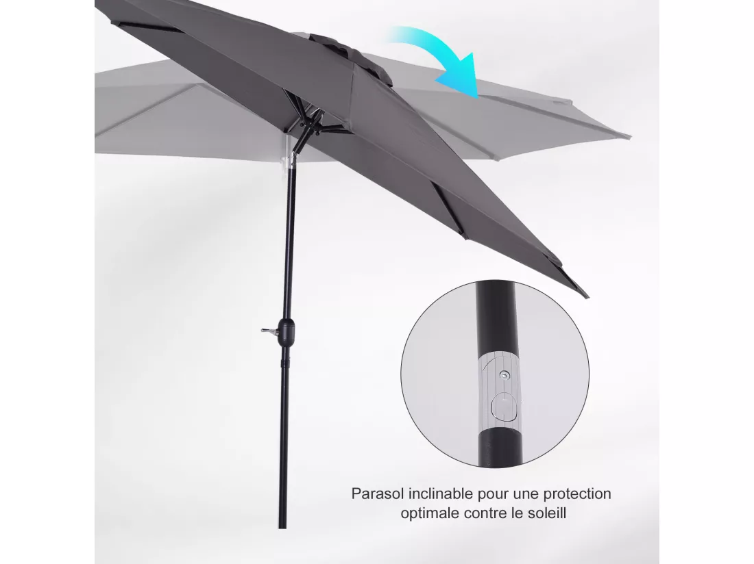 Parasol en métal rond polyester 180g/m² manivelle inclinable Ø 3 x 2,45 m gris