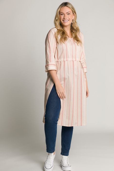 Longbluse, Streifen, V-Ausschnitt, 3/4-Arm, Biobaumwolle