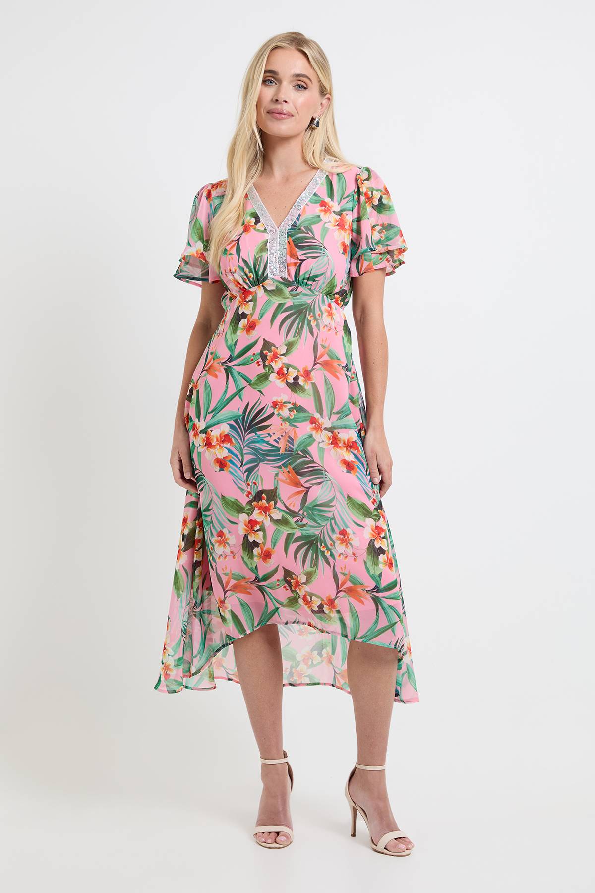 Wallis Robe Midi En Mousseline Florale Avec Sequins Petite Taille