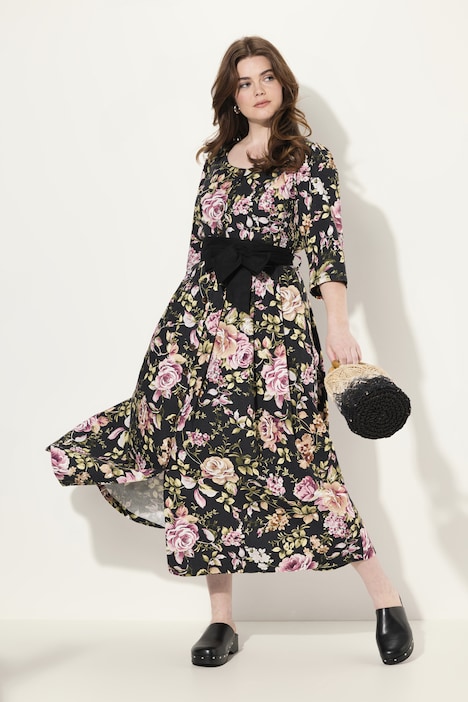 Maxikleid, Leinenmix, A-Linie, Rundhals, 3/4-Arm