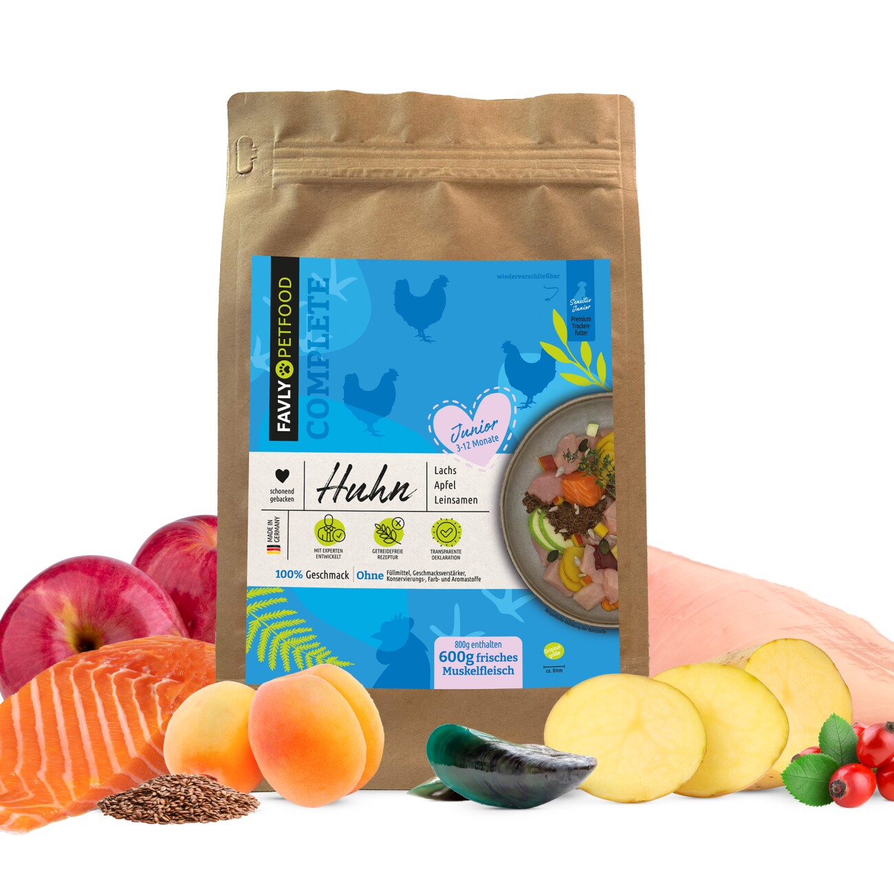 FAVLY Petfood Trockenfutter Huhn mit Lachs, Apfel & Leinsamen (Junior) 3 kg