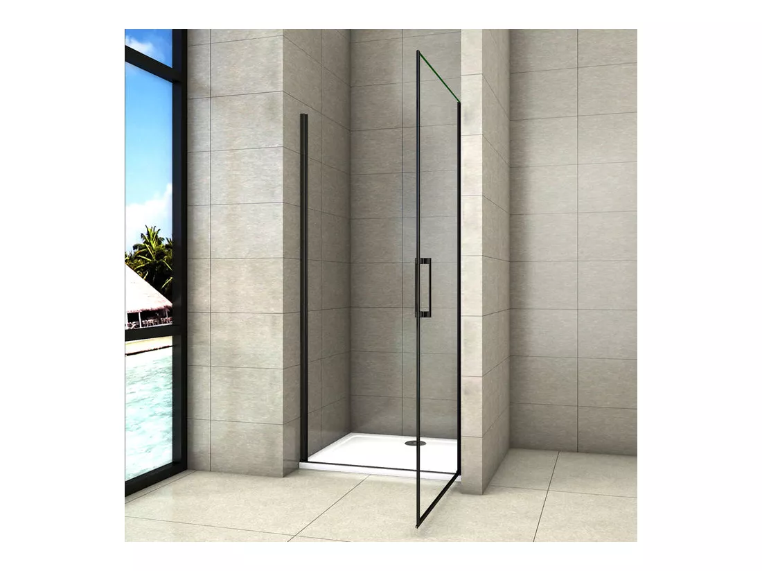 Porte de douche pivotante 100cm Hauteur 200cm porte de douche en 8mm verre trempé anticalcaire, profilé et poignée Noir Mat