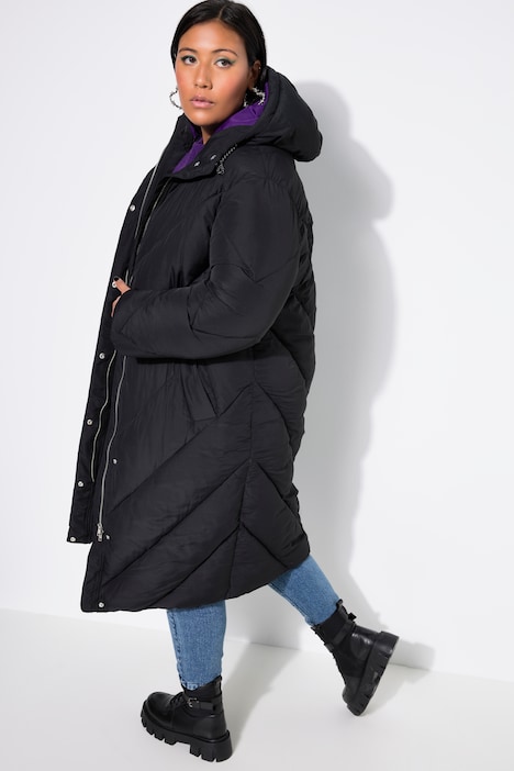 Steppmantel, oversized, farbiges Futter, Kapuze