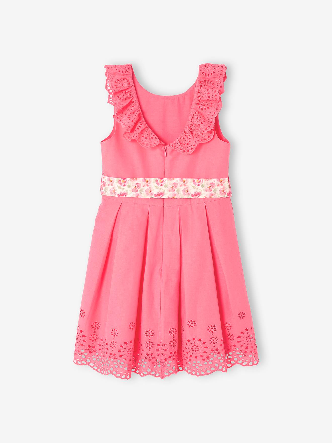 Vestido de festa com detalhes em bordado inglês, rosa médio liso para menina.