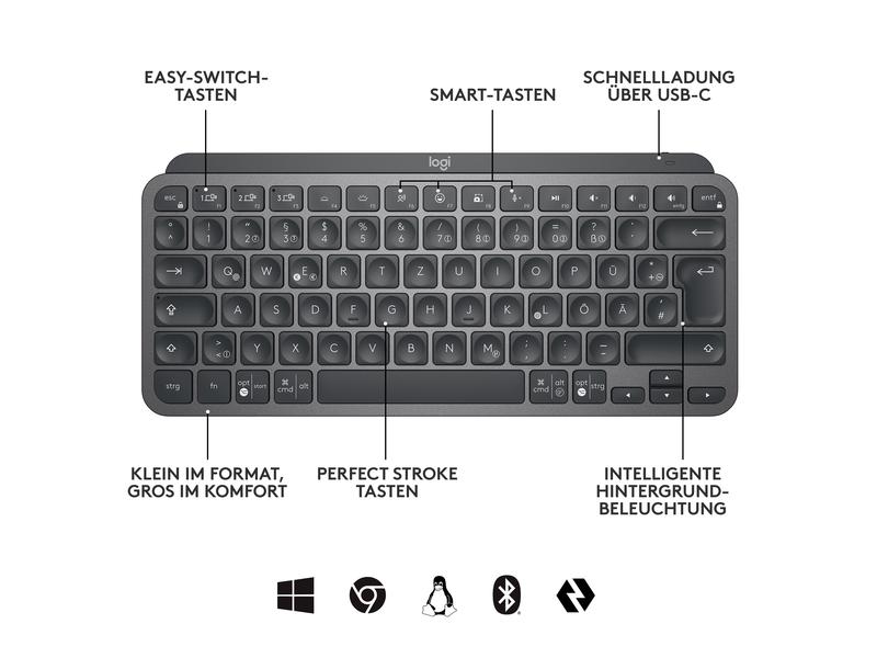 Logitech Tastatur MX Keys Mini for Business Minimalistische kabellose Tastatur mit Tastenbeleuchtung und Logi Bolt Empfänger