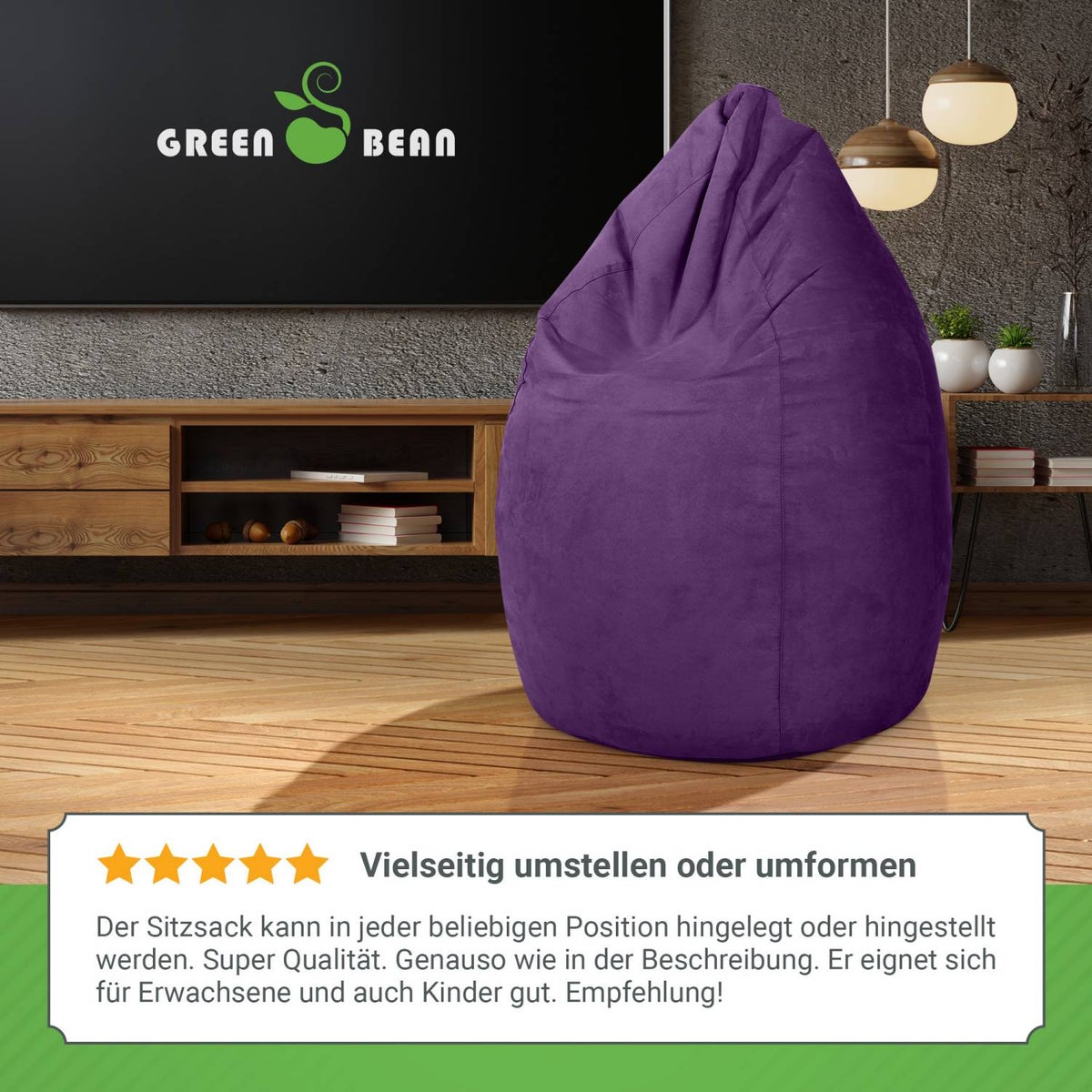 Green Bean zitzak met rugleuning 60x60x90cm - Binnenzitkussen 220L vulling, comfortabel, wasbaar - Zitzak vloerkussen, loungestoel, voetenbank - paars
