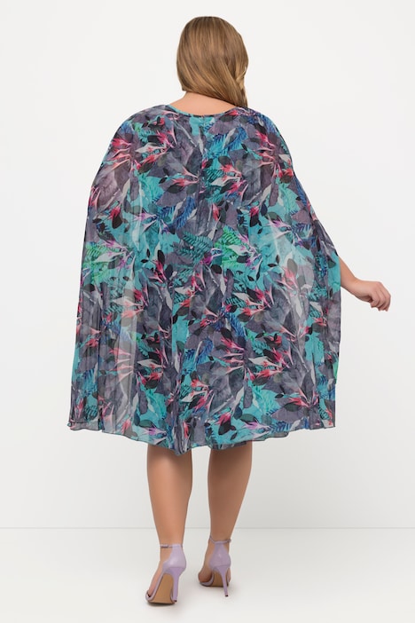 Cape-Midikleid, A-Linie, Plissee, V-Ausschnitt, ärmellos