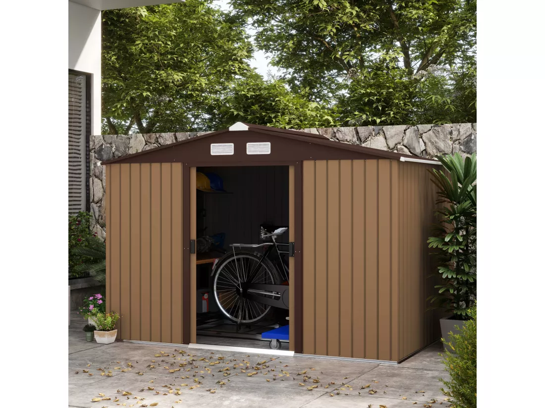 Abri de jardin - remise pour outils - cabanon double porte coulissante - fondation incluse - dim. 277L x 191l x 192H cm - tôle d'acier ondulée terracotta