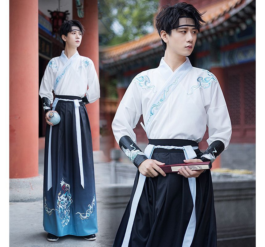 Pinocle - Geborduurde Hanfu-gewaad / Hanfu-top met lange mouwen / Maxi-rok / Armmouwen / Set