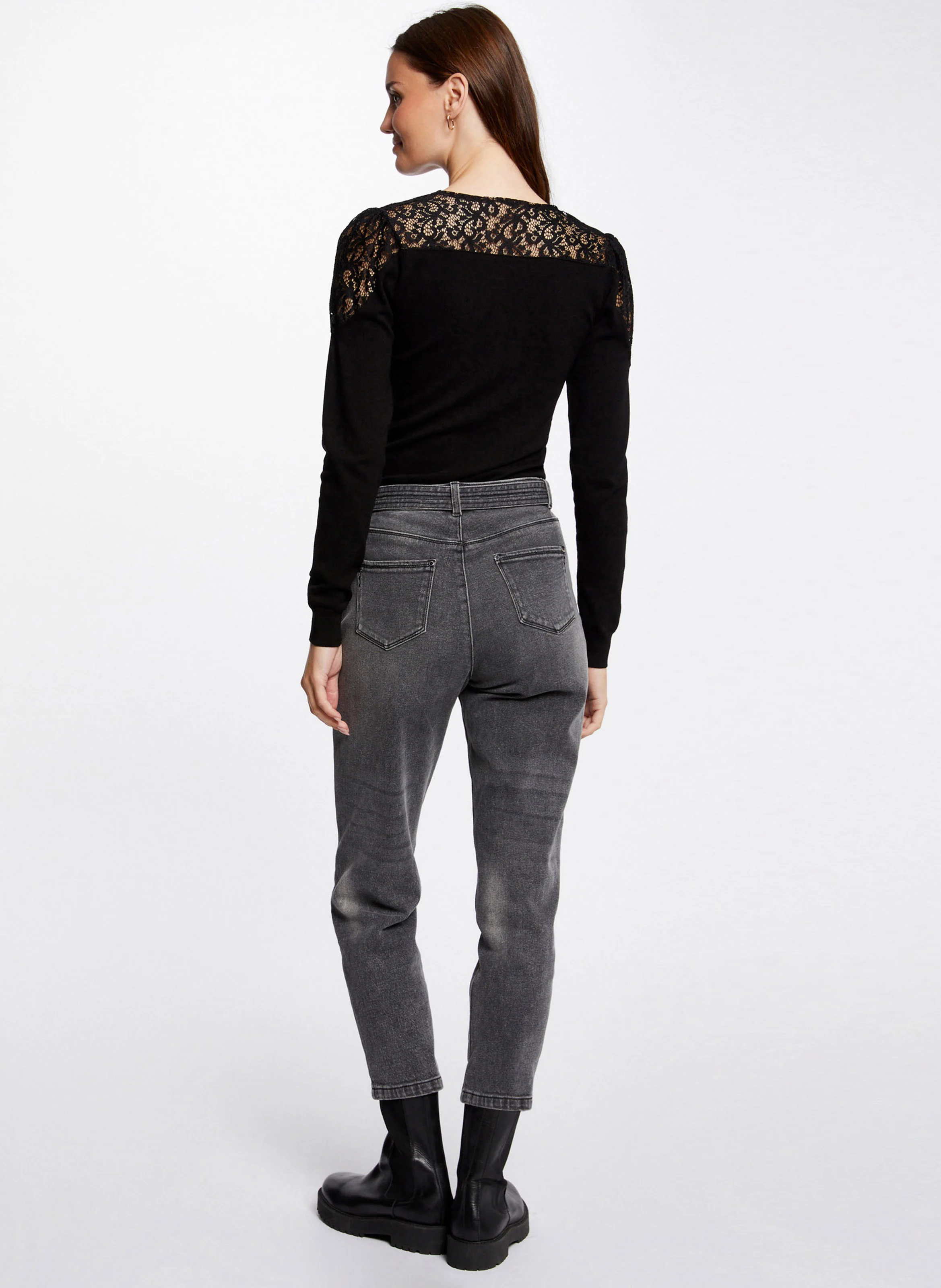 MBOU - Pull fin col V en dentelle| Noir