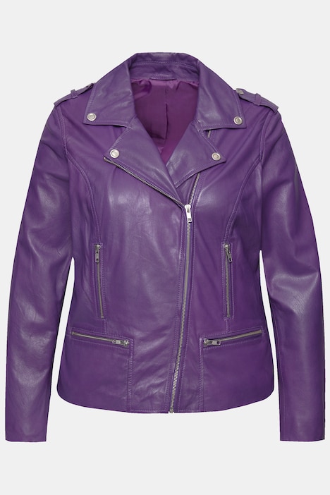 Leder-Bikerjacke, Kragen mit Druckknöpfen, Metallzipper