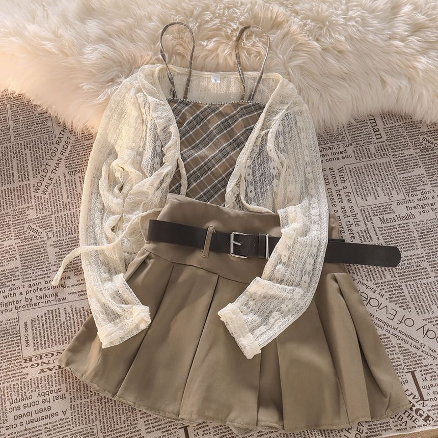 DIYI - Kanten vest / geruite camisole top / geplooide mini A-lijn rok met hoge taille