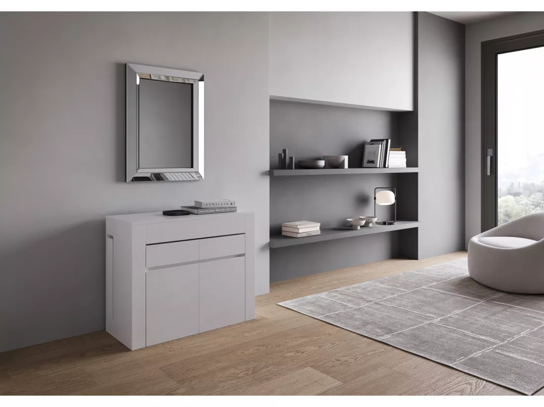 Console extensible 90x42/302 cm Evolve Frêne Blanc rallonges internes avec bancs inférieur et supérieur