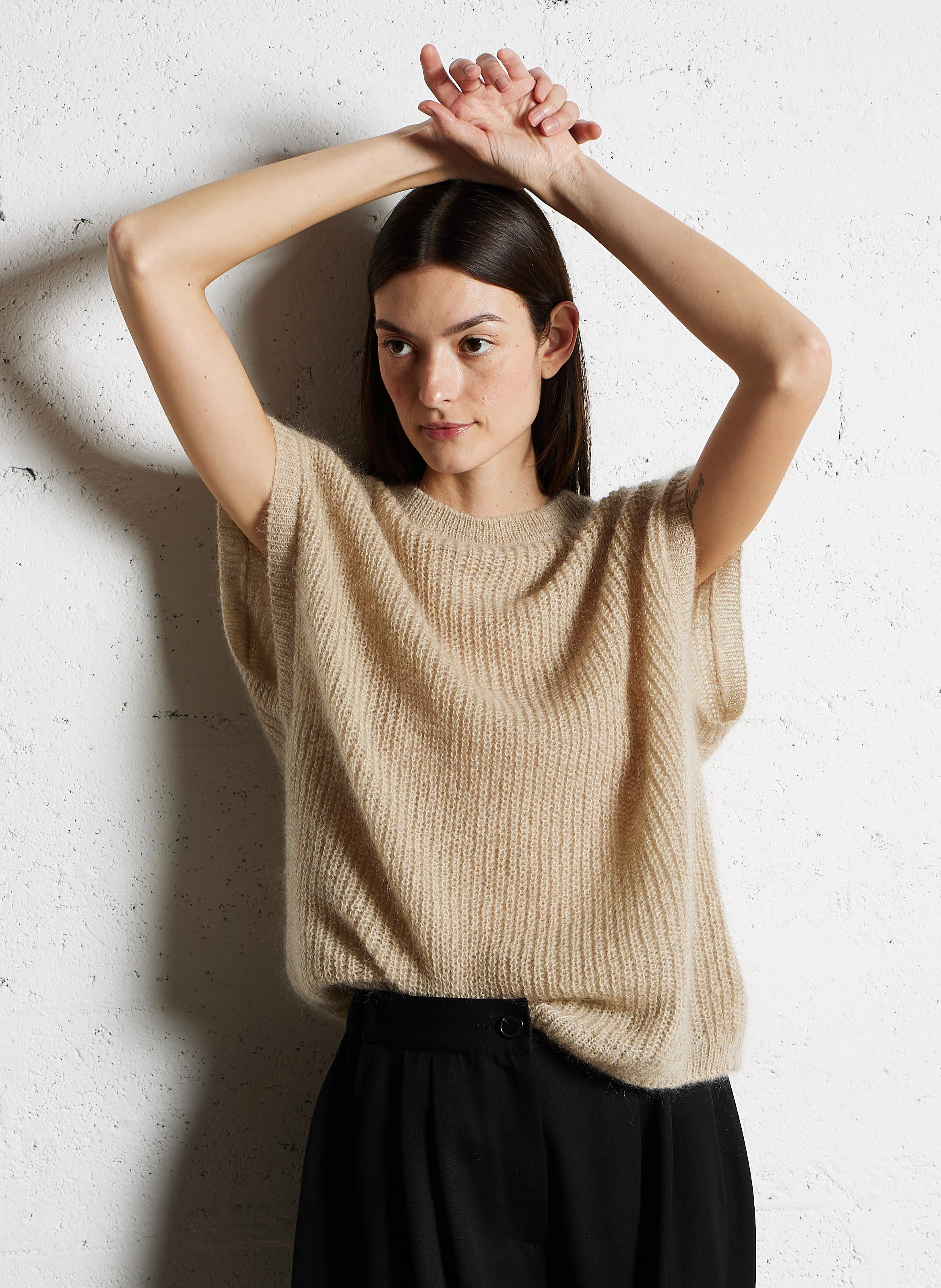 PALMA - Pull droit col rond en laine mélangée | Beige