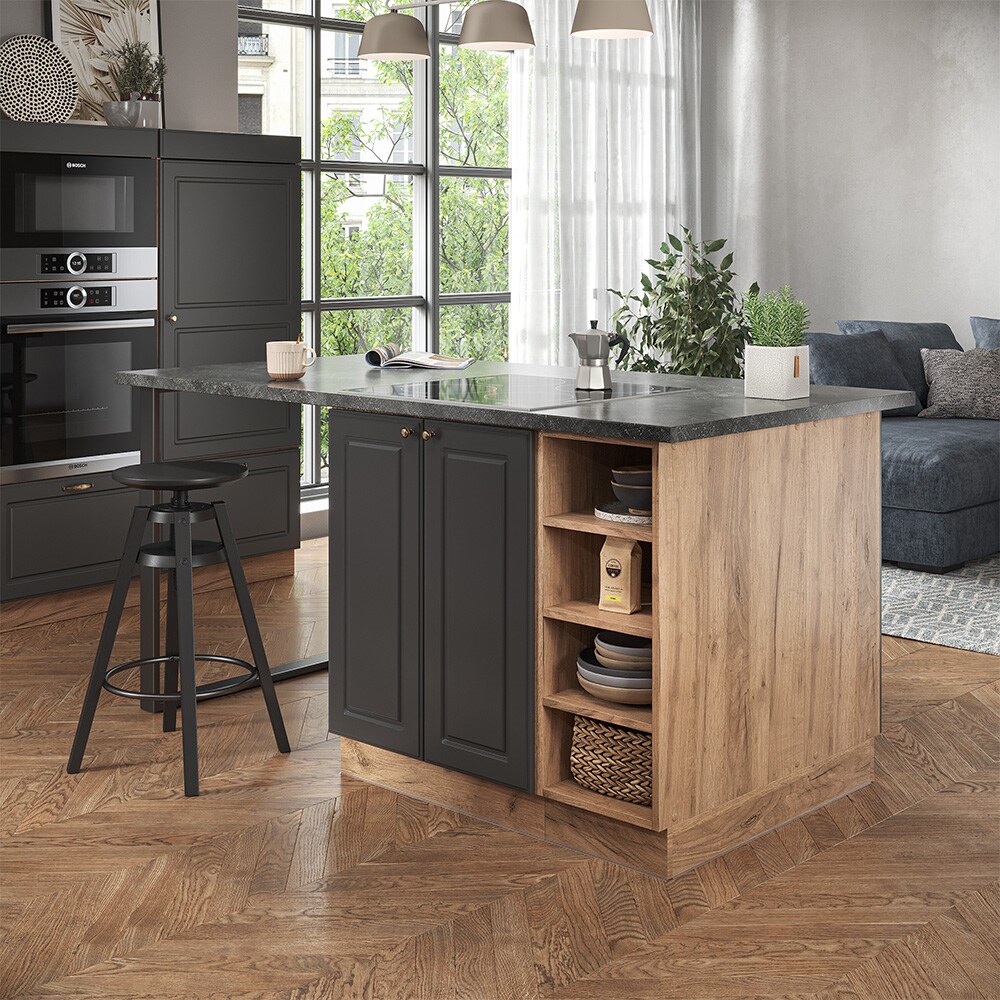 Vicco Kücheninsel Küchenblock Einbauküche Fame-Line Landhaus Eiche Anthrazit 90 cm Gold Küchen Schränke Regalunterschrank Küchenunterschrank Regalinselunterschrank Softclose-Scharnier Küchenmöbel