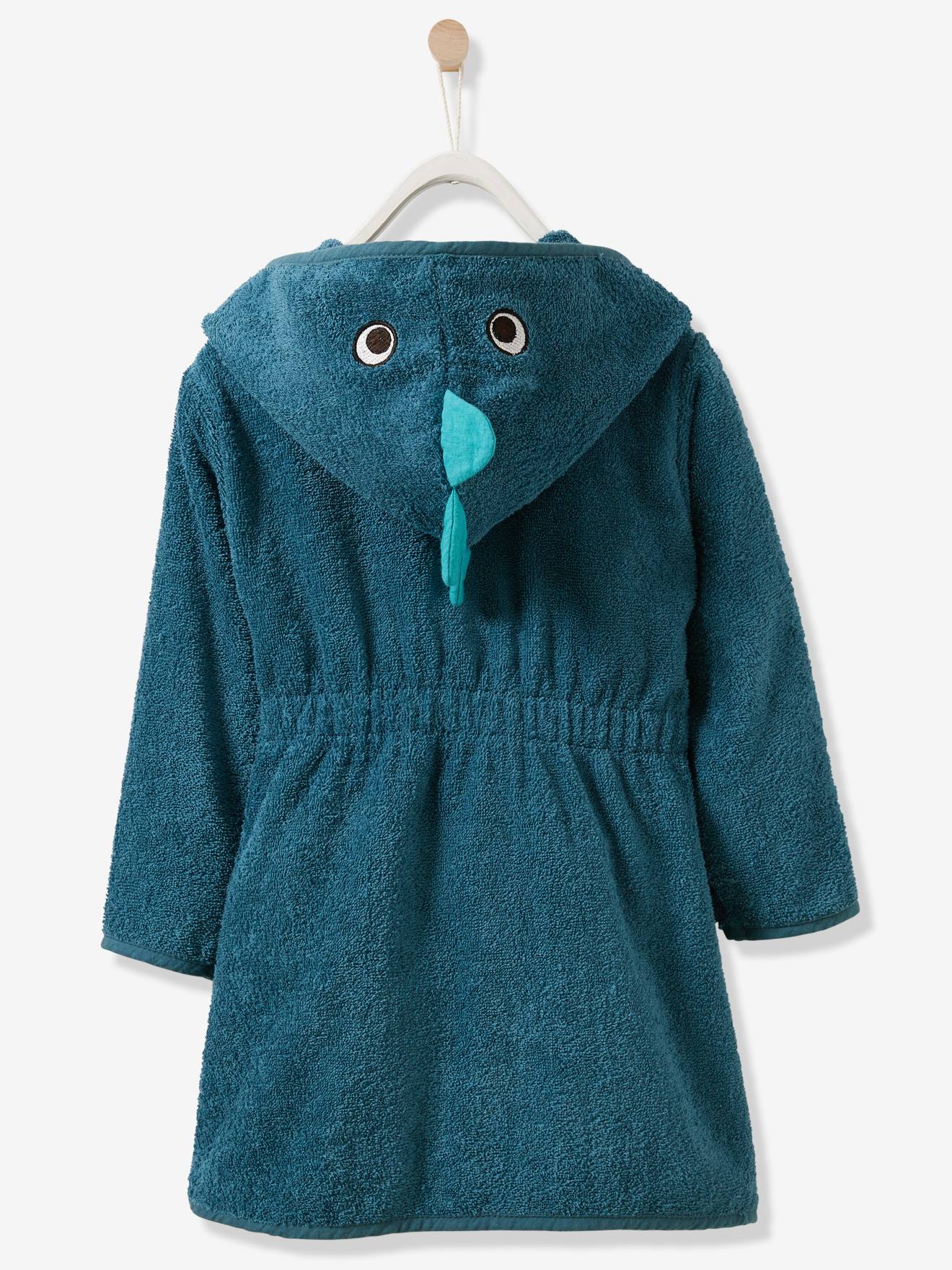 Robe de banho infantil com estampa de dinossauro personalizável, azul liso tamanho médio com detalhes.