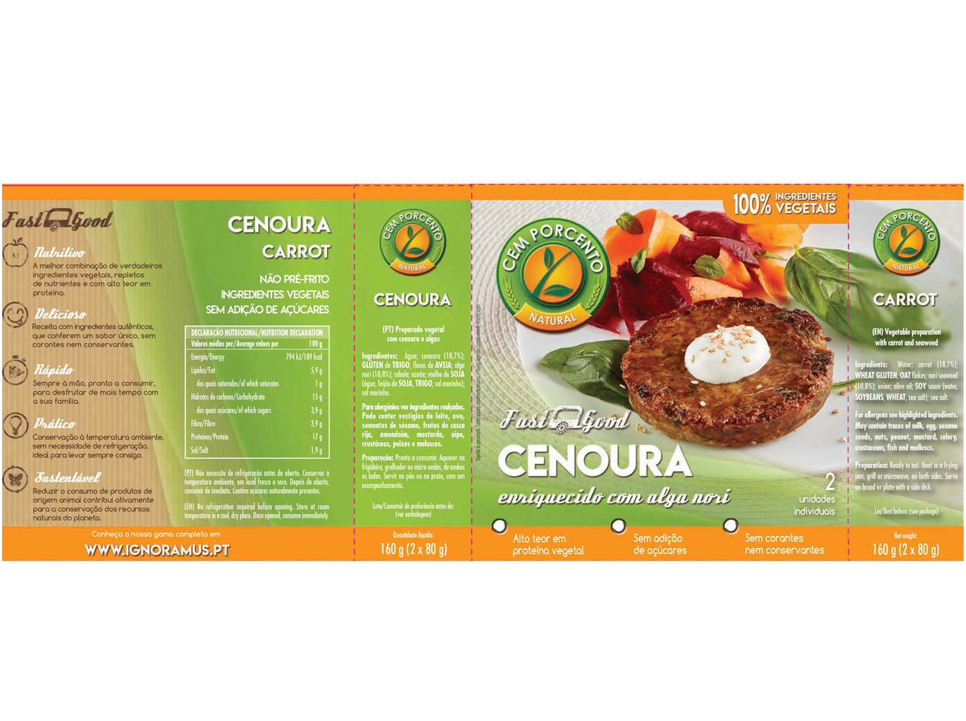 HAMBURGUER CEM PORCENTO CENOURA E ALGAS 160G