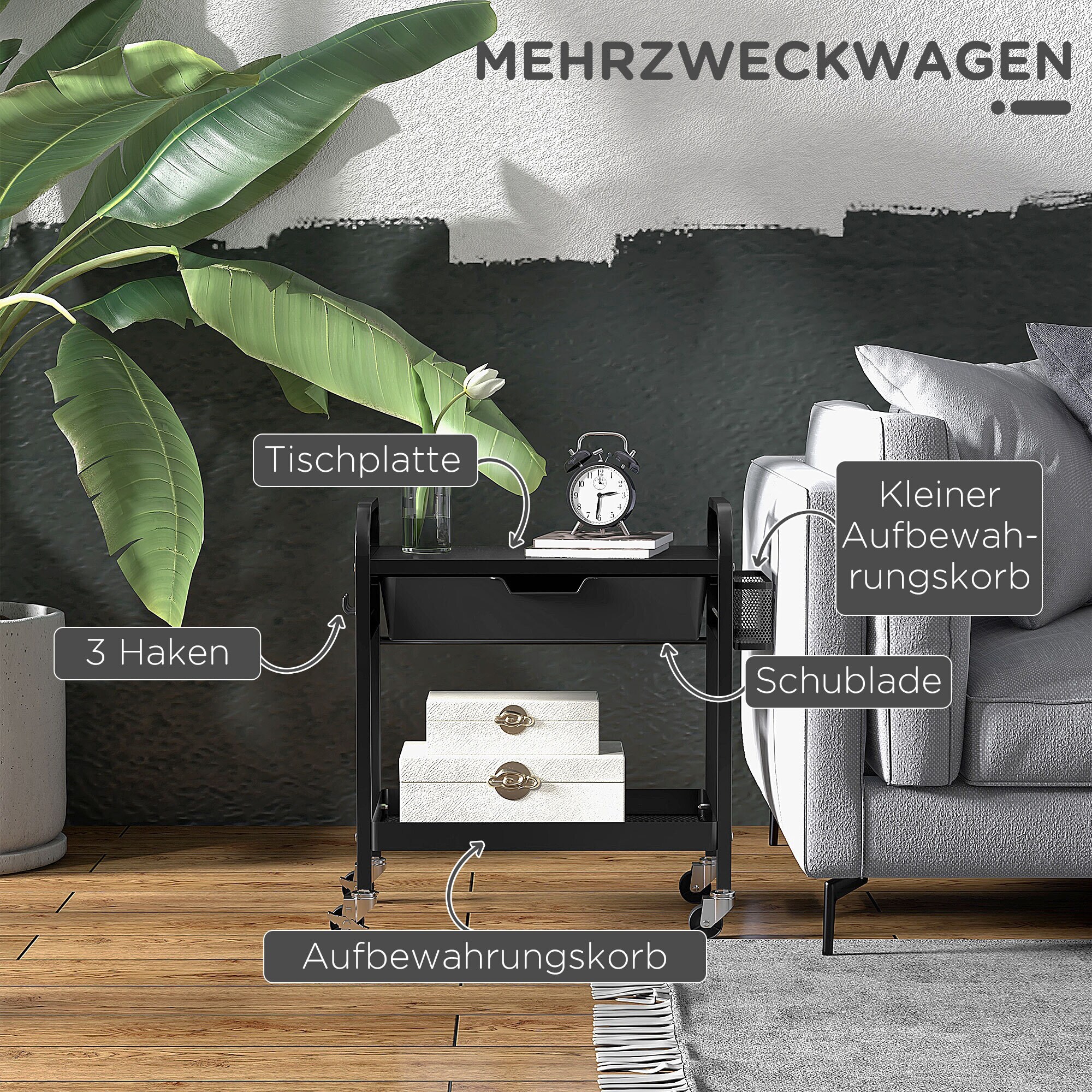 HOMCOM Rollwagen mitSchublade, 2 Ablageflächen und 4 Rollen schwarz 61L x 32,6B x 58,5H cm