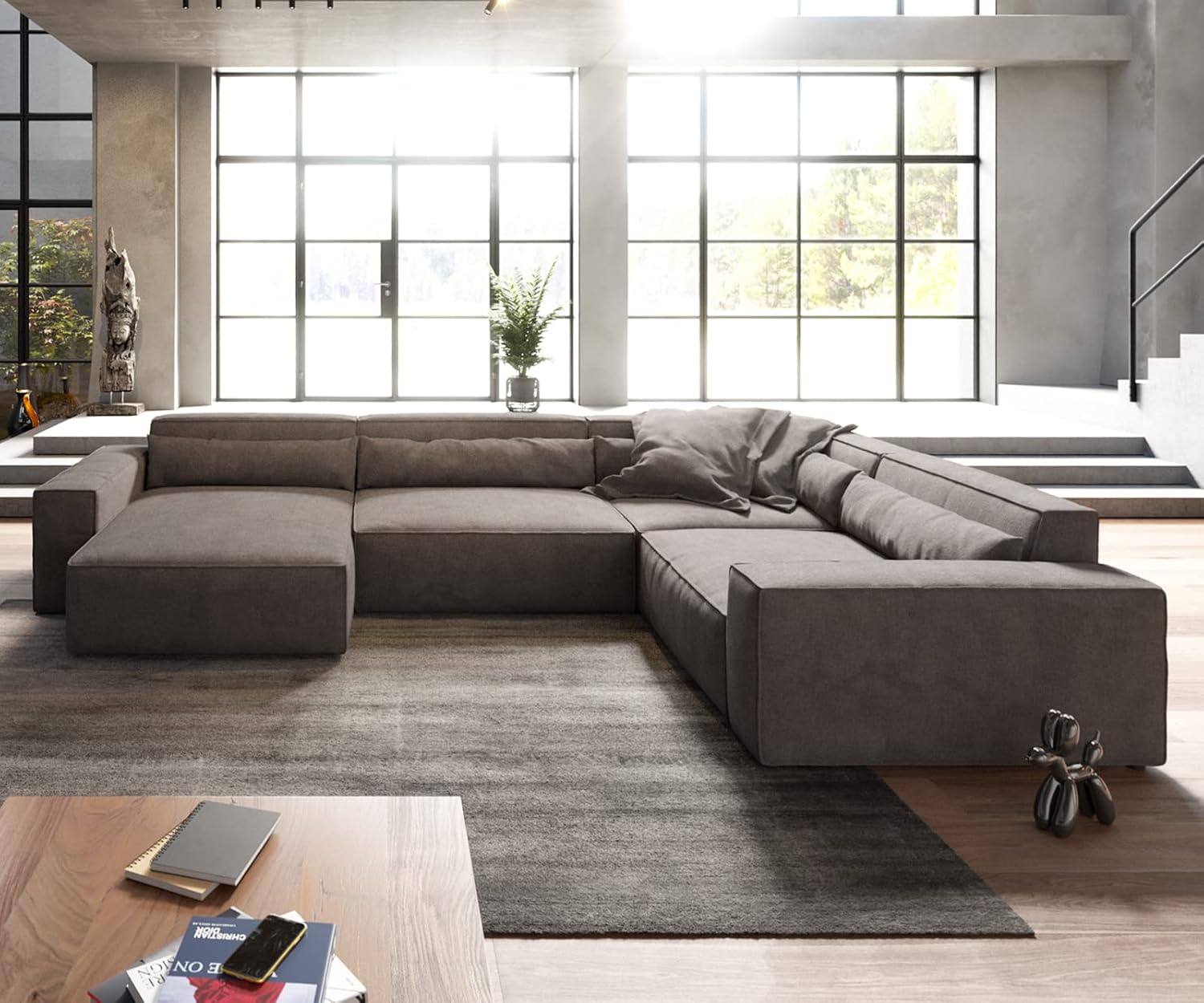 DELIFE Wohnlandschaft Sirpio XL Mikrofaser Khakibraun 360x260 cm Recamiere variabel