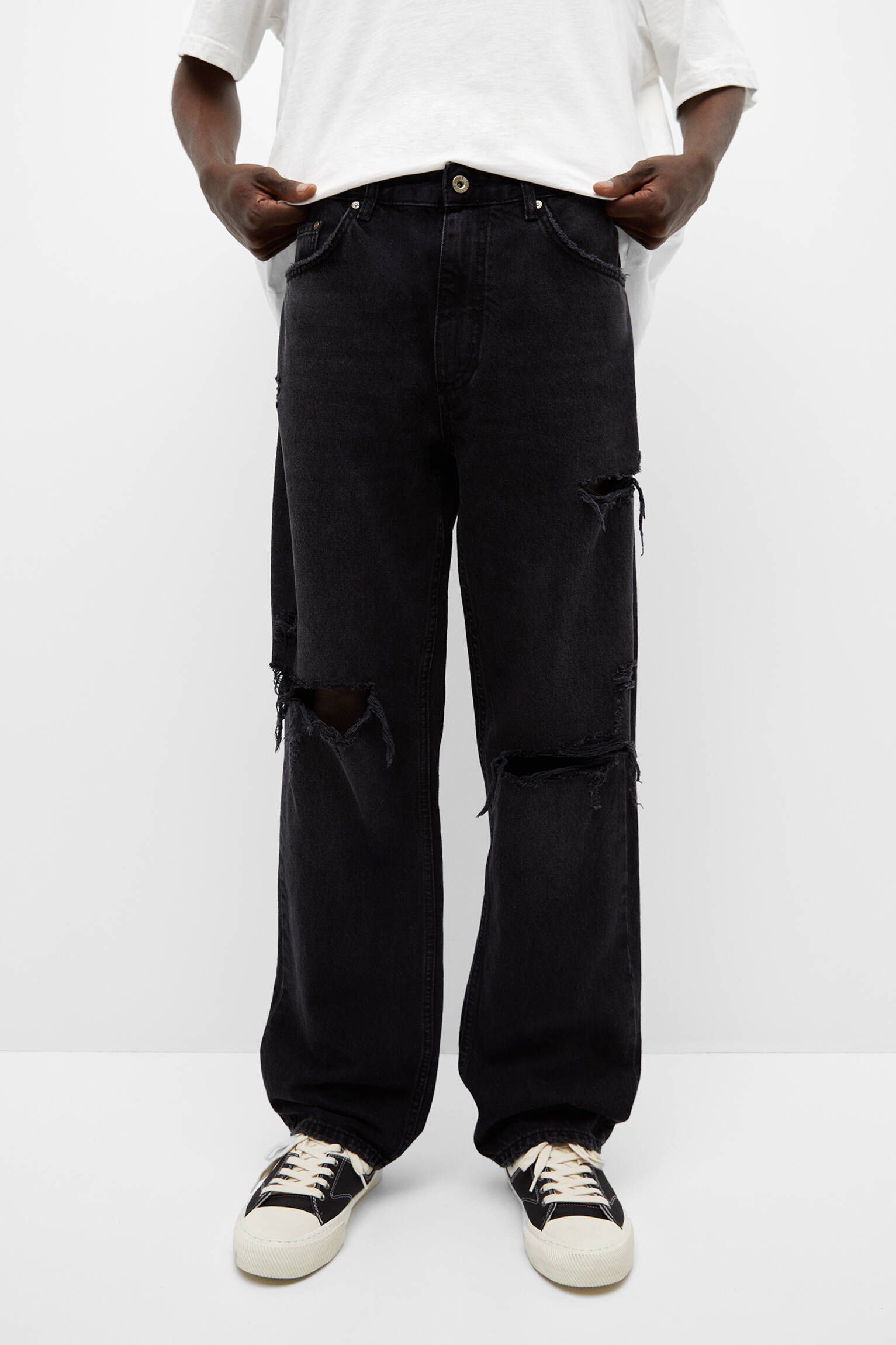 Calça jeans básica de perna larga rasgada - NEG-DELAV