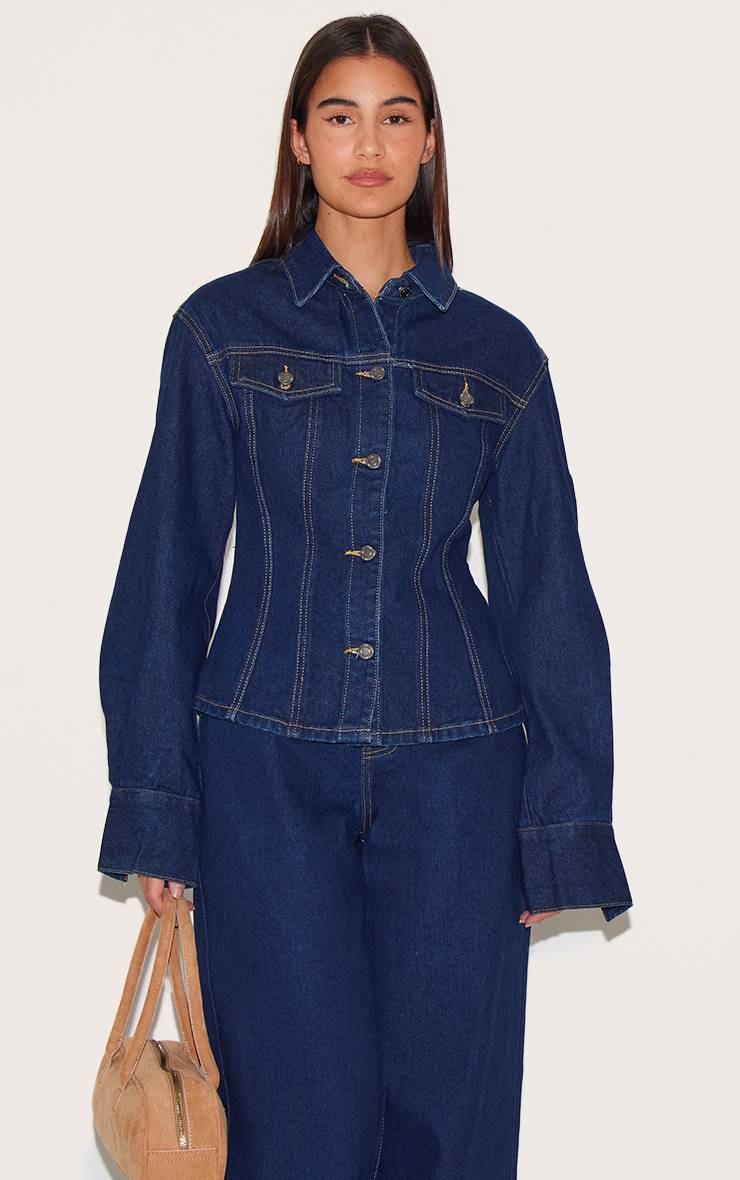 Bleu Indigo Veste En Jean À Manches Longues Avec Taille Cintrée