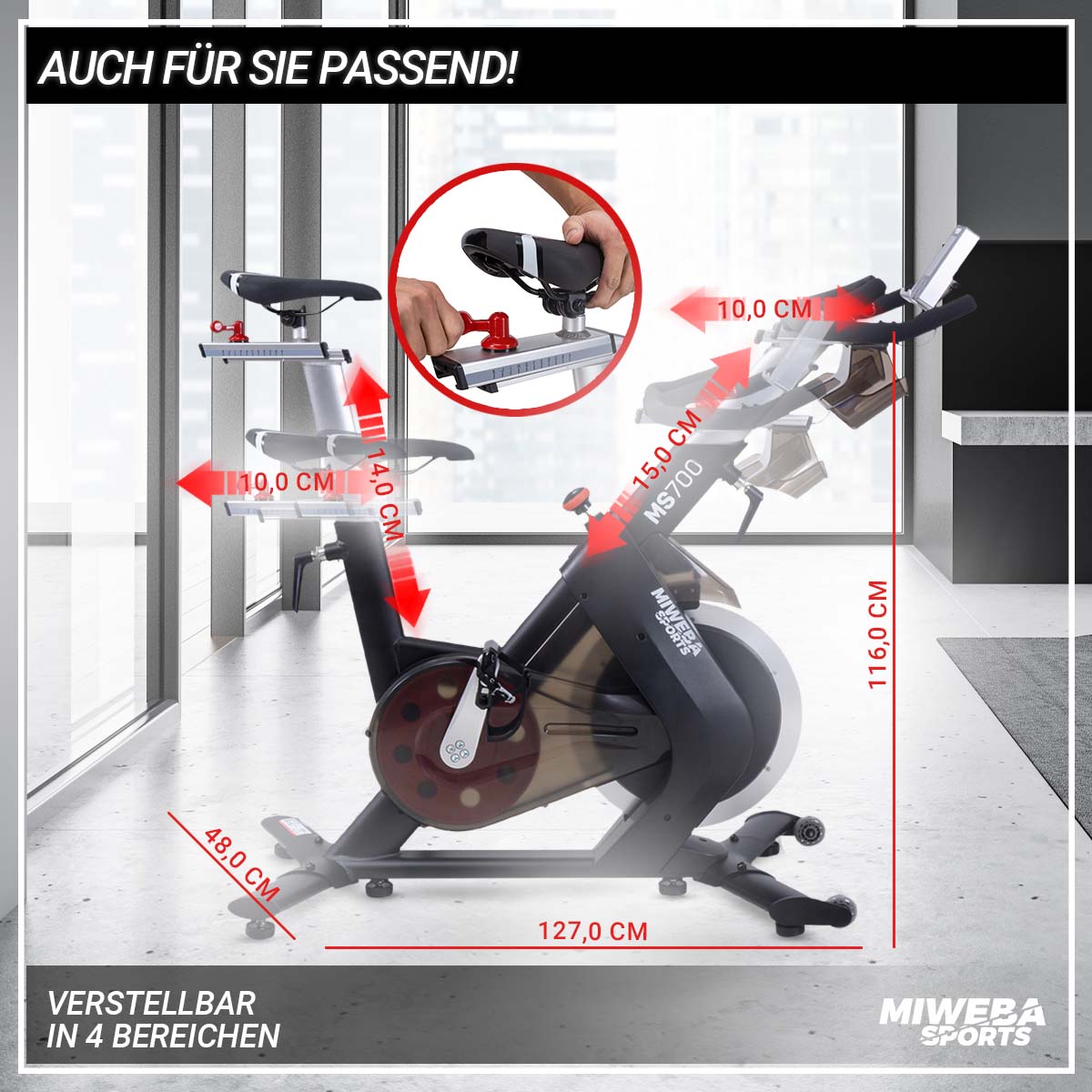 Miweba Sports Pro-Speedbike MS700, 20 kg Schwungrad, Flaschenhalter, SPD-Klickpedale, App kompatibel