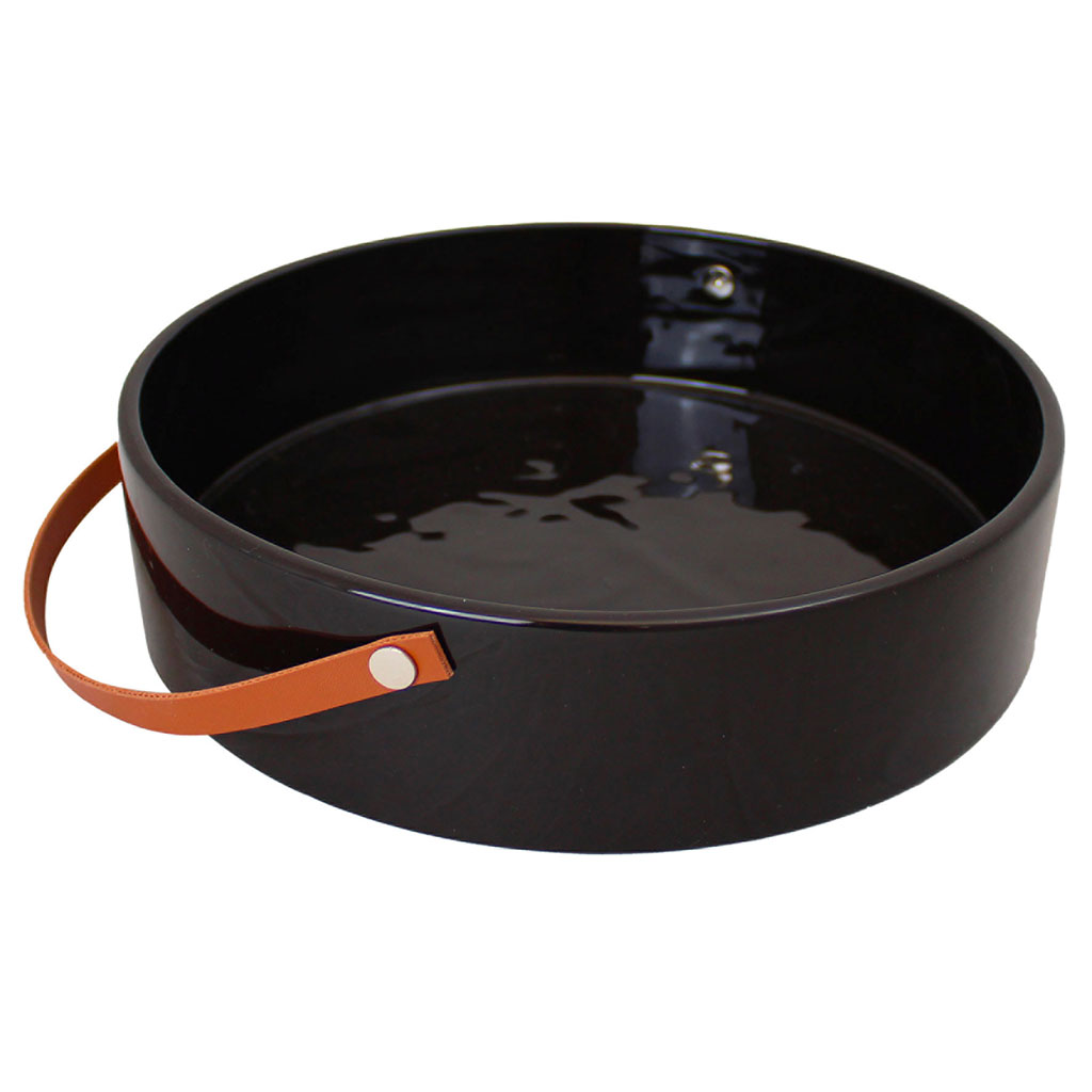 Plateau céramique avec anse cuir noir D 22cm
