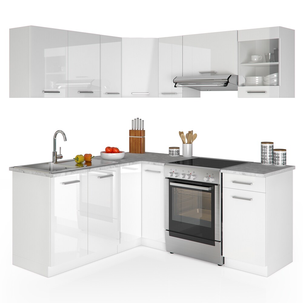 Vicco Küche Küchenzeile L-Form Küchenblock Einbauküche Komplettküche 167x187cm Weiß HGL