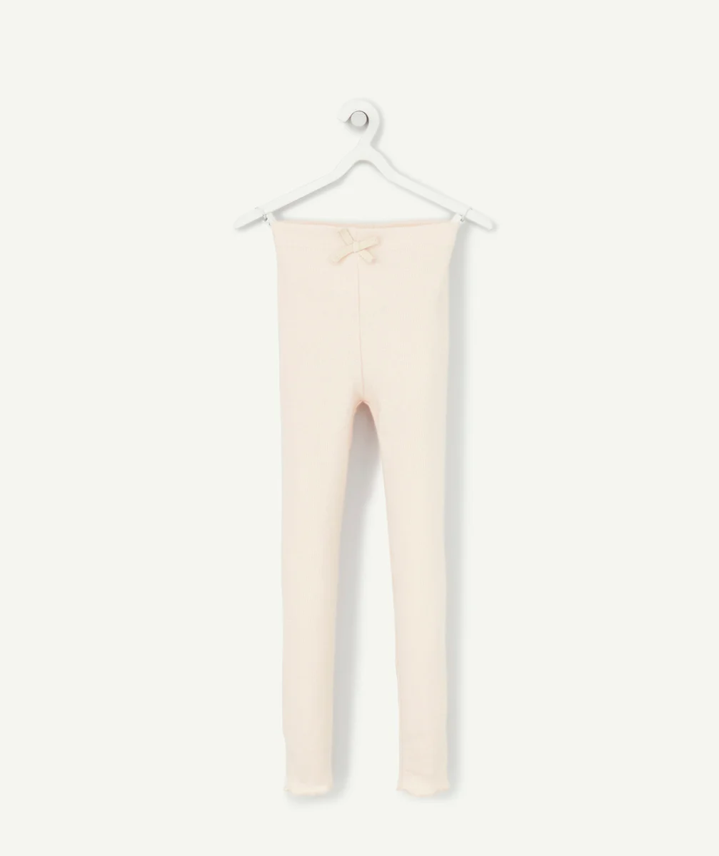 LEGGING CÔTELÉ FILLE EN COTON BIO ROSE PÂLE AVEC NOEUD COULEUR DORÉE