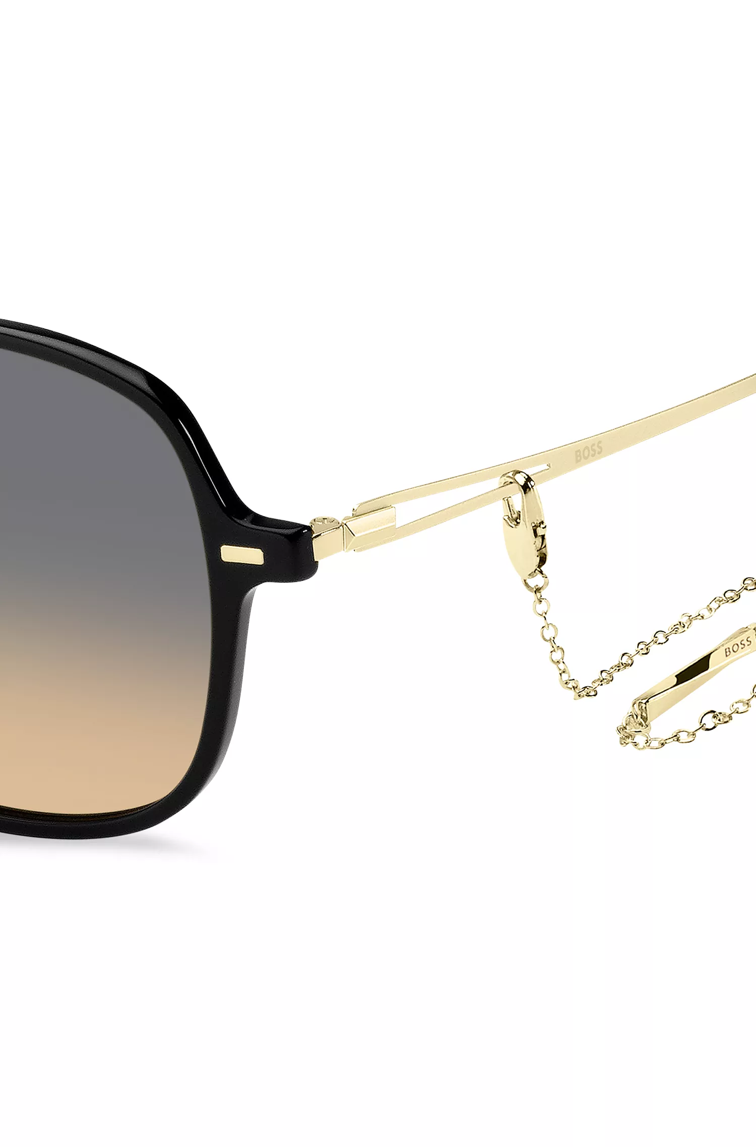 Óculos de sol BOSS em acetato preto com hastes douradas e alça de corrente.